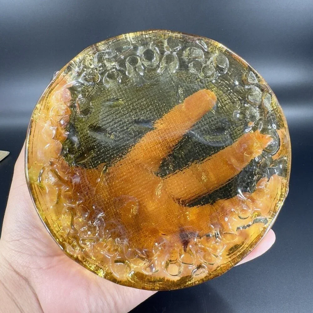 Round Art Glass Dish Plate‎ Thick Glass Textured Center Trinket Glass Decor